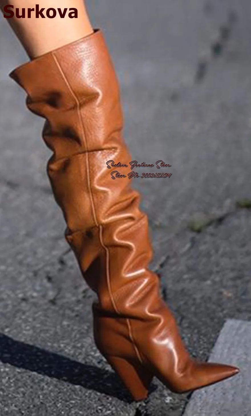 Surkova Brown Black Matte Spike Heels Over The Knee Boots Pointed Toe Slouchy Thigh High Boots Women Pleated Dress Shoes