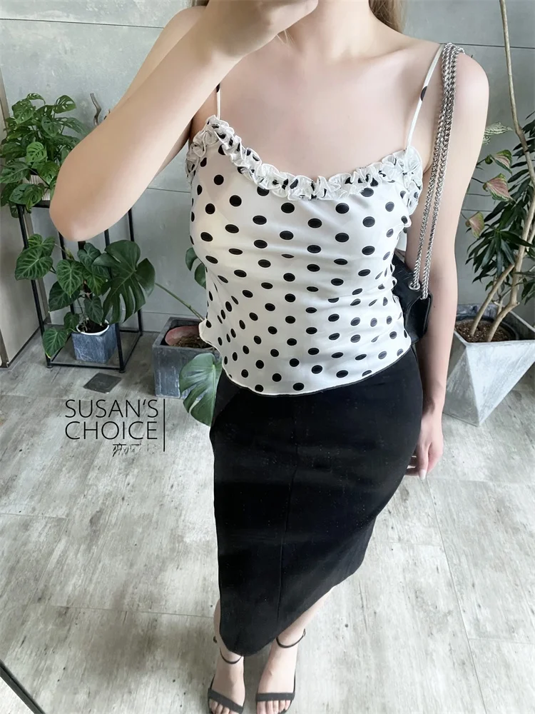 

Susan Silk ter Ne Top White Polka Dot Print Versatile Faionable ort Length Women's Vest Summer Collection 2025