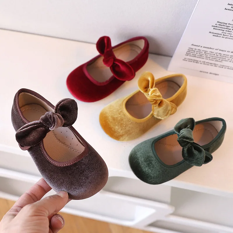 Comfortable Velvet Spring Baby Girls Dance Shoes Mary Jane Fashion Bow Children Casual Shoes Autumn Kids Student-shoes