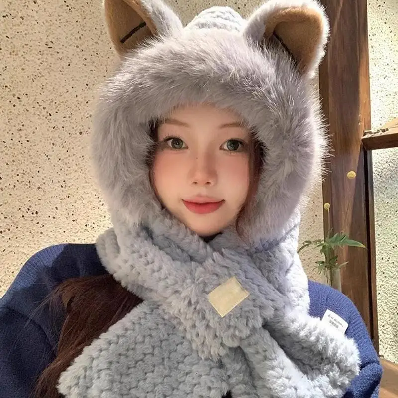 Cute Animal Ear Hat Winter Warm Comforts Polyester Thickened Plush Hoodie Hat Scarf Gloves Set Girl Kawai Warm Casual Hat