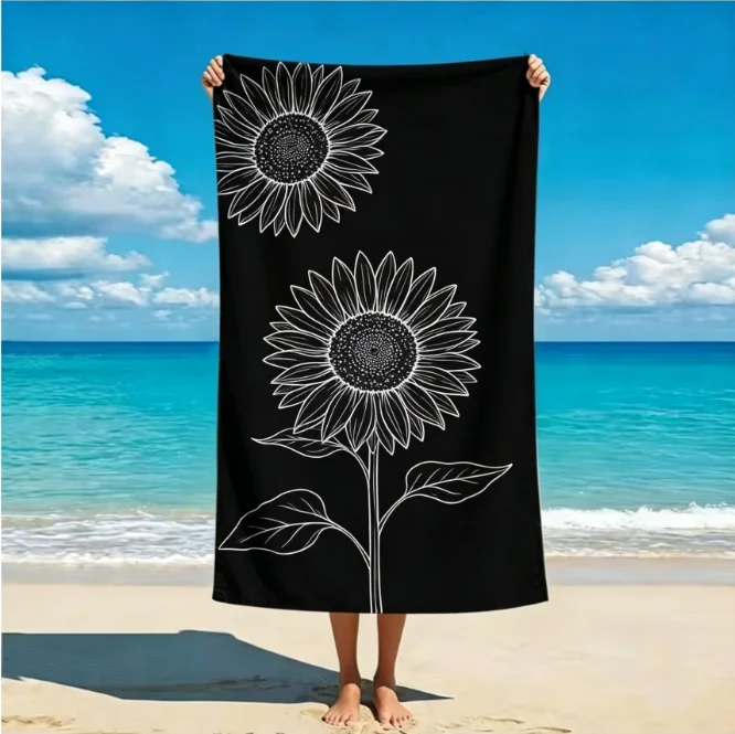 Large Microfiber Beach Towel, Black with White Rose Floral Print, Sand Free & Quick Dry, for Elegant Summer Use