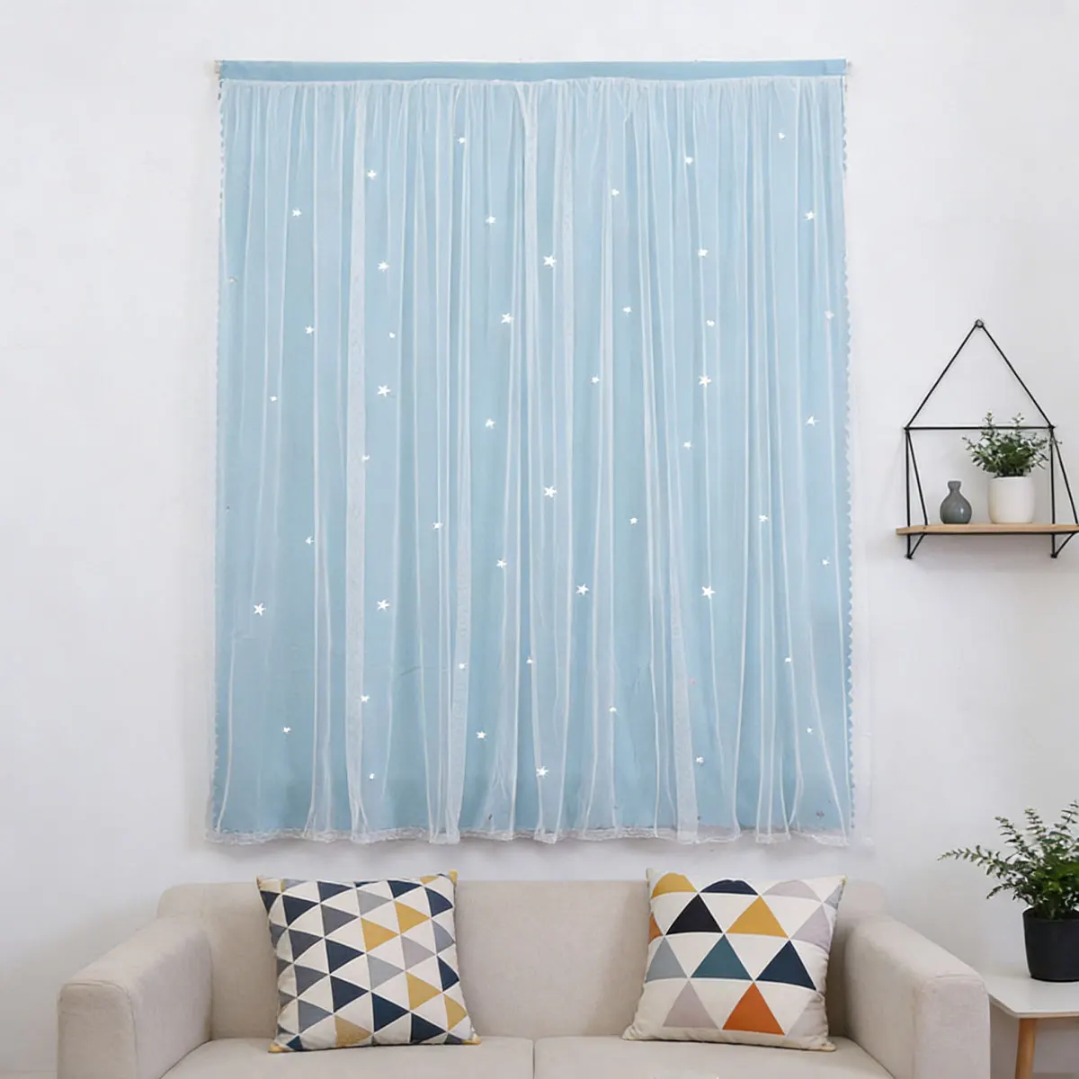Light Blue Double Layer Magic Tape Curtain 1 Panel Hollow Star Cutout Tulle Sheer Curtain Princess Curtain For Girls Bedroom