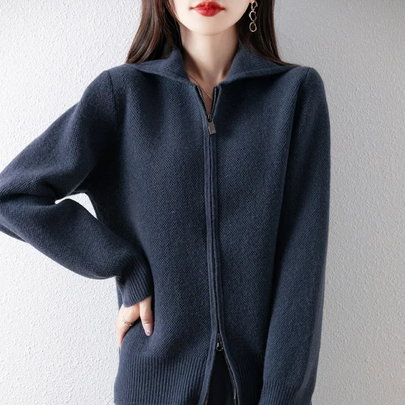 

Pure Wool Cardigan Women's Autumn And Winter New Navy Collar Knitted Sweater Jacket Loose And Fashionable Double Zipper Top