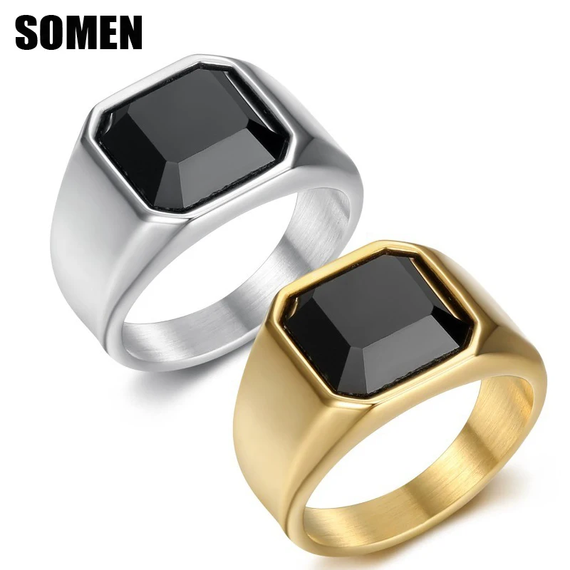 Somen Titanium Stainless Steel Black Square Zircon Rings For Men Fashion Wedding Engagement Band Ring Male Jewelry Party Gift