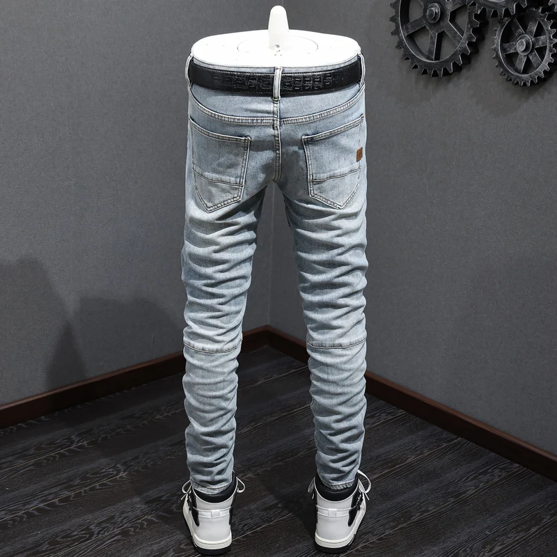 Street Fashion Men Jeans Retro Light Blue Elastic Stretch Skinny Ripped Jeans Men Spliced Patched Designer Hip Hop Pants Hombre