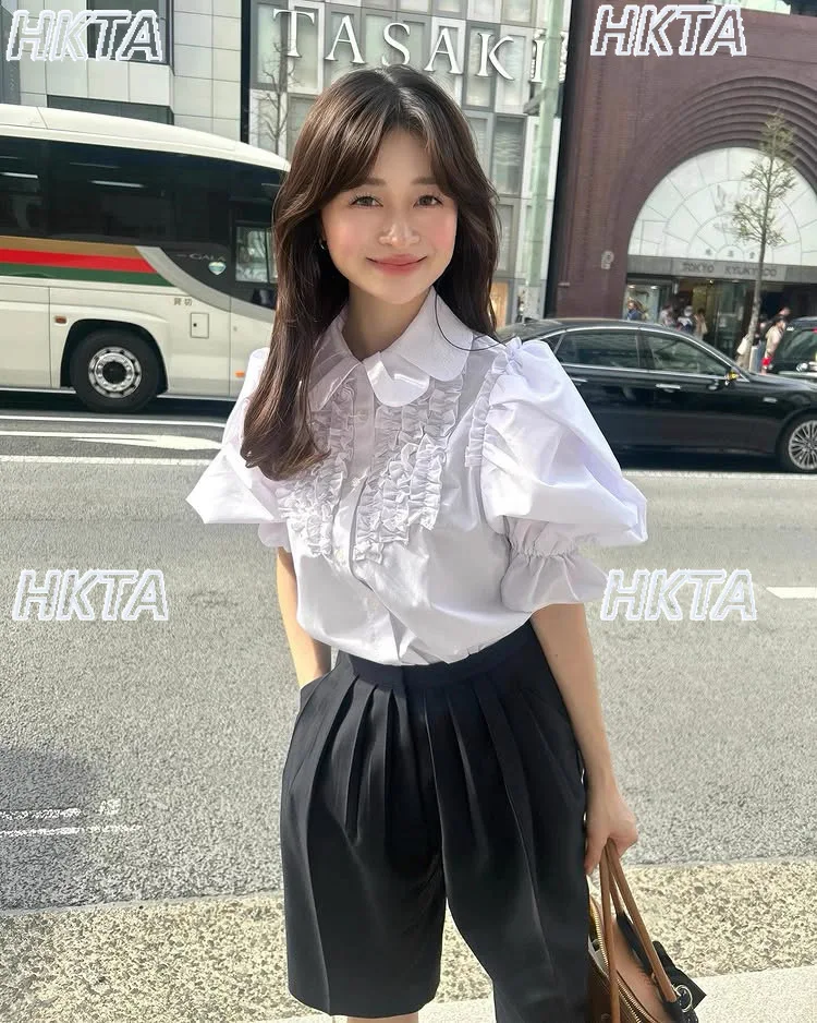 Chemise blanche à manches courtes pour femmes japonaises, col de poupée, poitrine, bord champignon, bulle, hauts pour les déplacements, chemisiers Lolita amples, automne