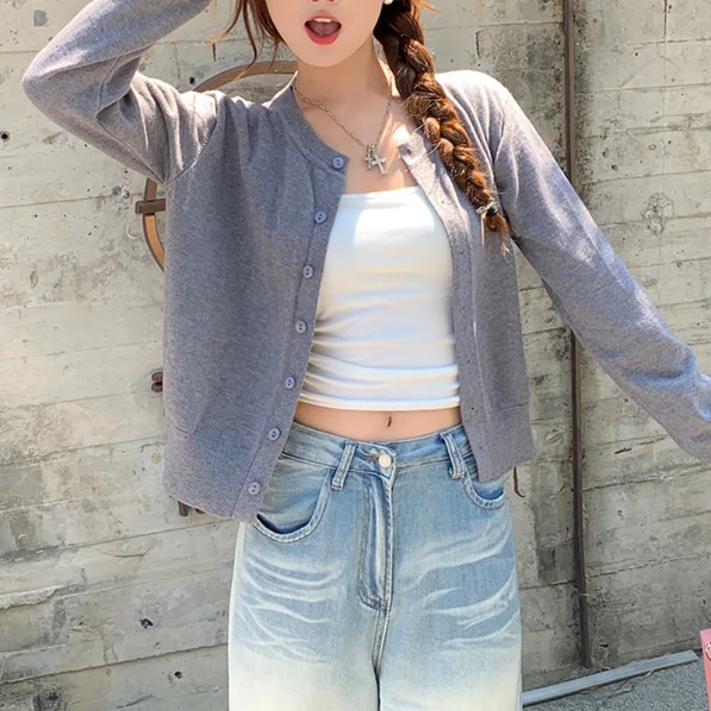 

Женский кардиган с длинным рукавом 2025 года, вязаный однобортный кардиган на пуговицах с круглым вырезом, осень-весна, вязаный однобортный кардиган, свитера