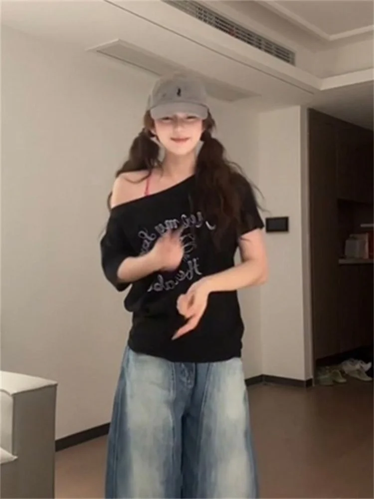 Faionable American Hot Girl Bla Asymmetrical oulder ort Sve T-irt Women Summer  Knot Print Loose ould...