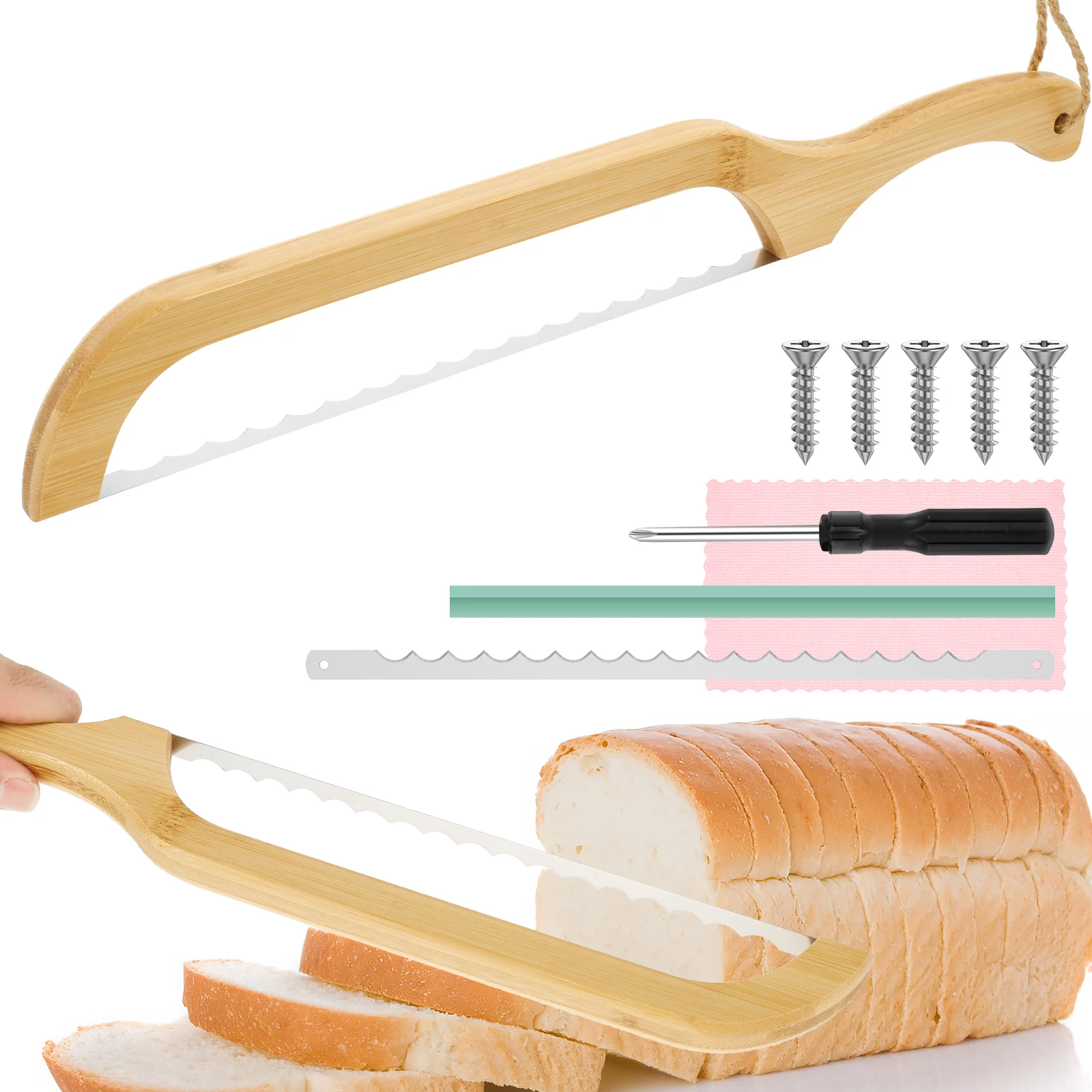 

Bread Bow Cutter Serrated Bagel Cutter with Bamboo Handle Stainless Steel Sourdough Bread Cutter Slicer for Kitchen Baking Tool