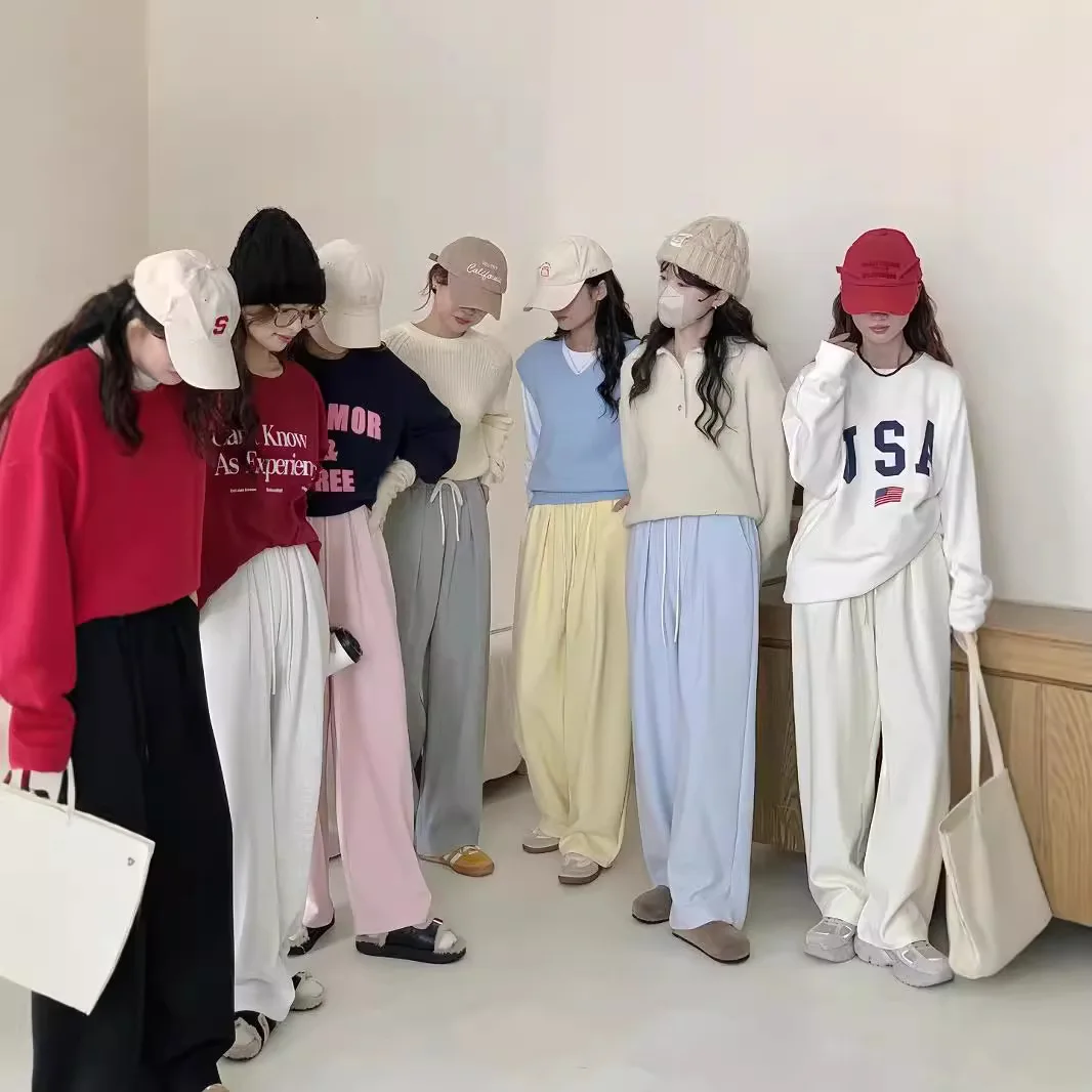 FL Korean Style Straight-Leg Bell Bottoms Casual Sweatpants Macaron Color Women's Loose Fit Cotton Trousers Versatile For Fall
