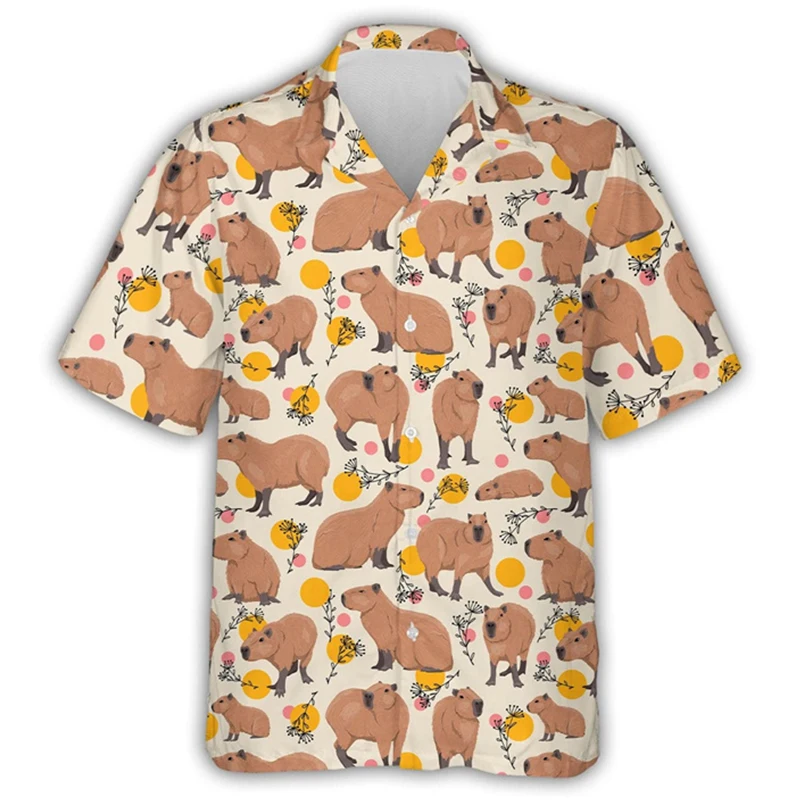 Kawaii Capybara Graphic Shirts for Men Clothing 3D Print Hawaiian Aloha Beach Shirt Short Sleeve y2k Cute Kids Tops Lapel Blouse