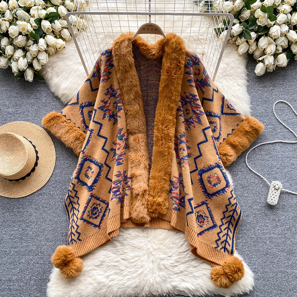 Croysier Ethnic Vintage Geometric Jacquard Knit Shawl Sweater Coat Women Autumn Winter Cardigans Plush Trim Loose Cape Cardigan