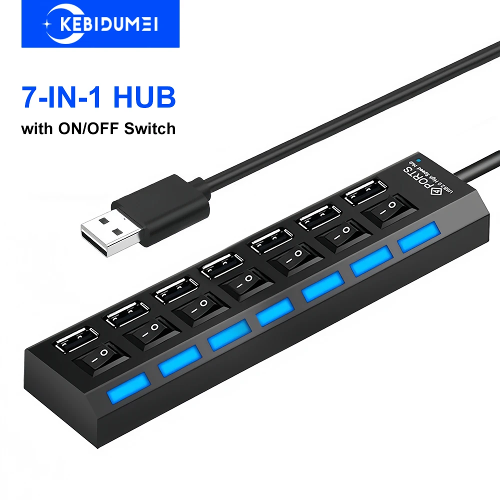 USB-концентраторы 7-в-1, USB-разветвитель с переключателем включения/выключения, USB 2,0, 480 Мбит/с, высокоскоростная передача, USB-док-станция для ноутбука Macbook