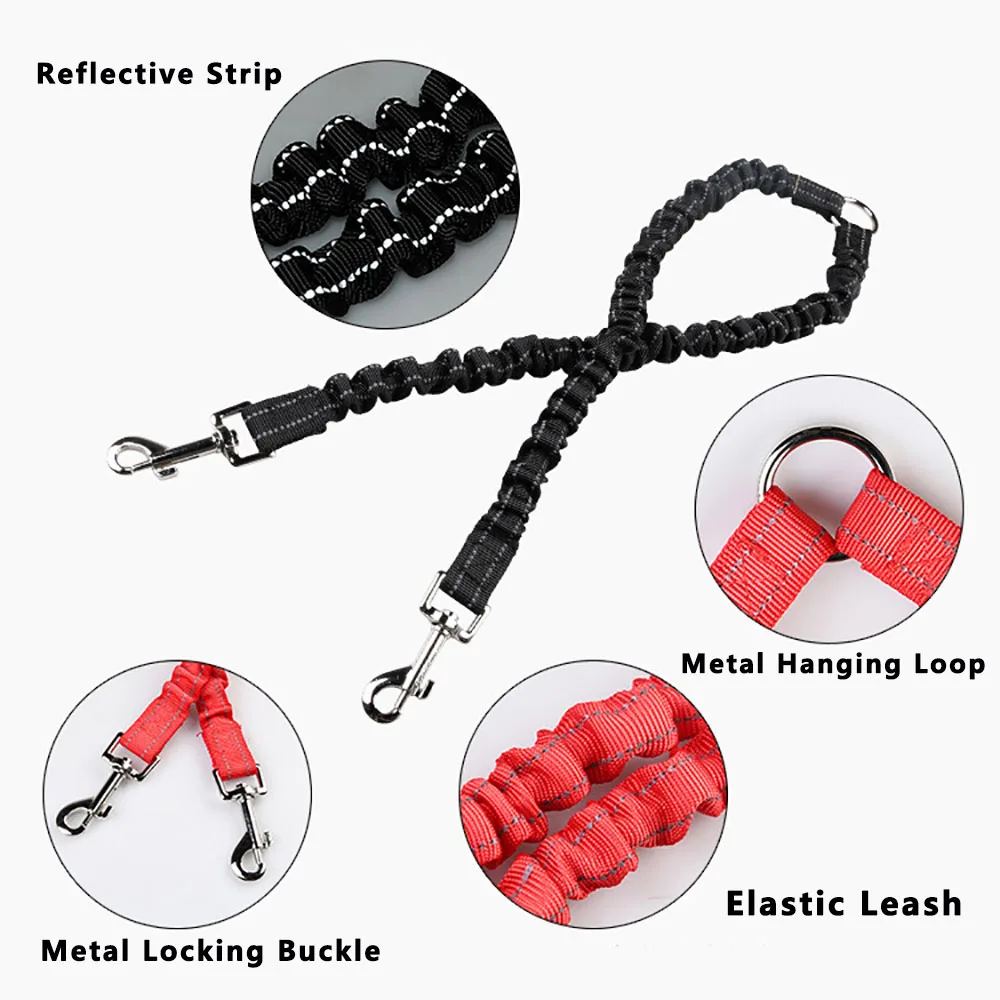 Double Dog Leash 360 Swivel No Tangle Walking Leash Shock Absorbing Bungee for Two Dogs Retractable Elastic Luminous Dog Leash