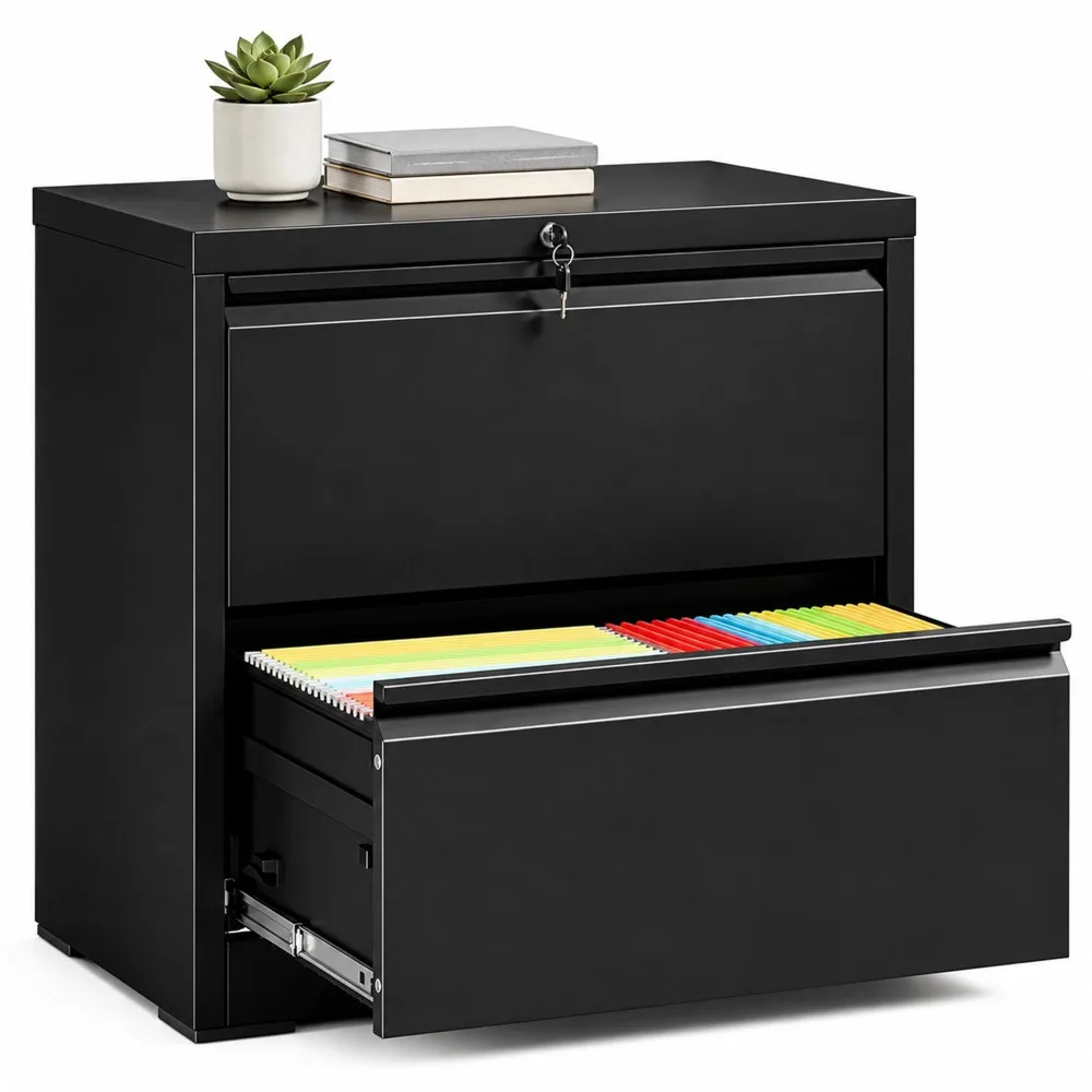 2 Drawer File Cabinet with Lock, Black Metal Lateral Filing Cabinet | 28.5