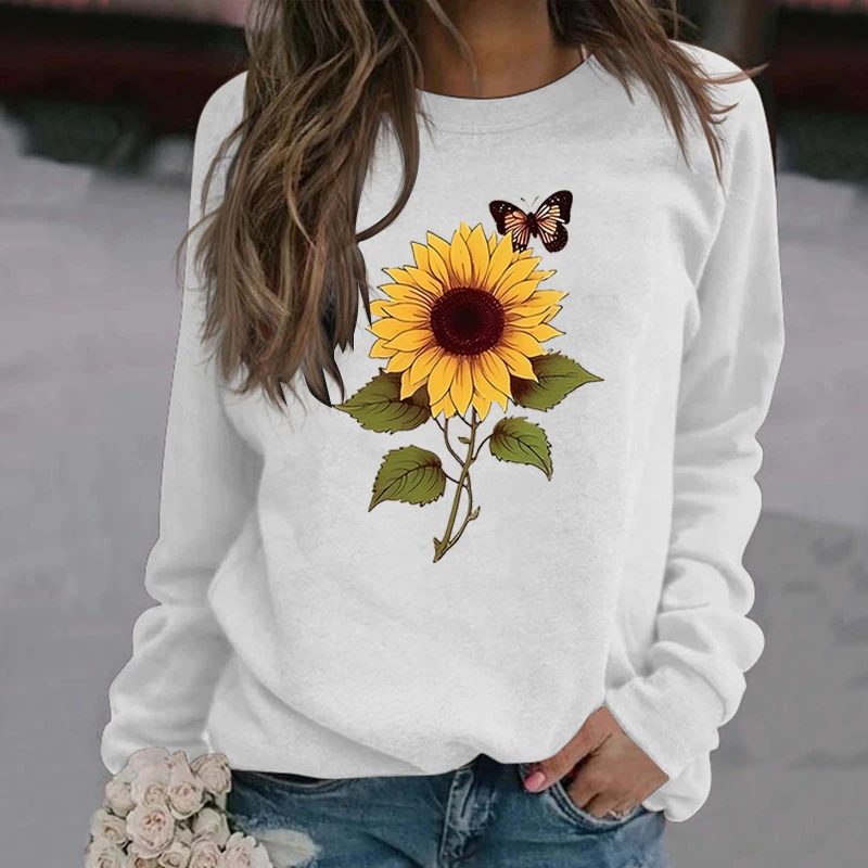 

Sunflower Butterfly Print Sweatshirts For Women Autumn And Winter Casual Long Sleeves Round Neck Hoodeless Pullovers Sweatshirts