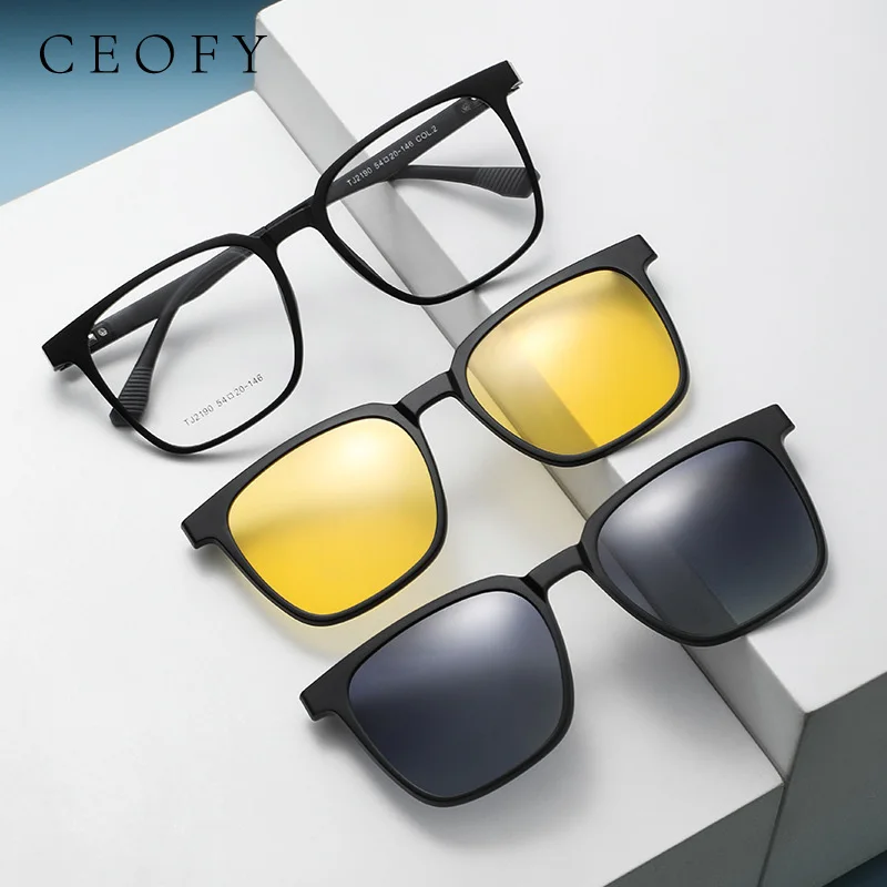 Ceofy Men Glasses Frame Sun Clip Square Night Vision Prescription Myopia Eyeglasses Optical Frame Sunglasses for Men Women