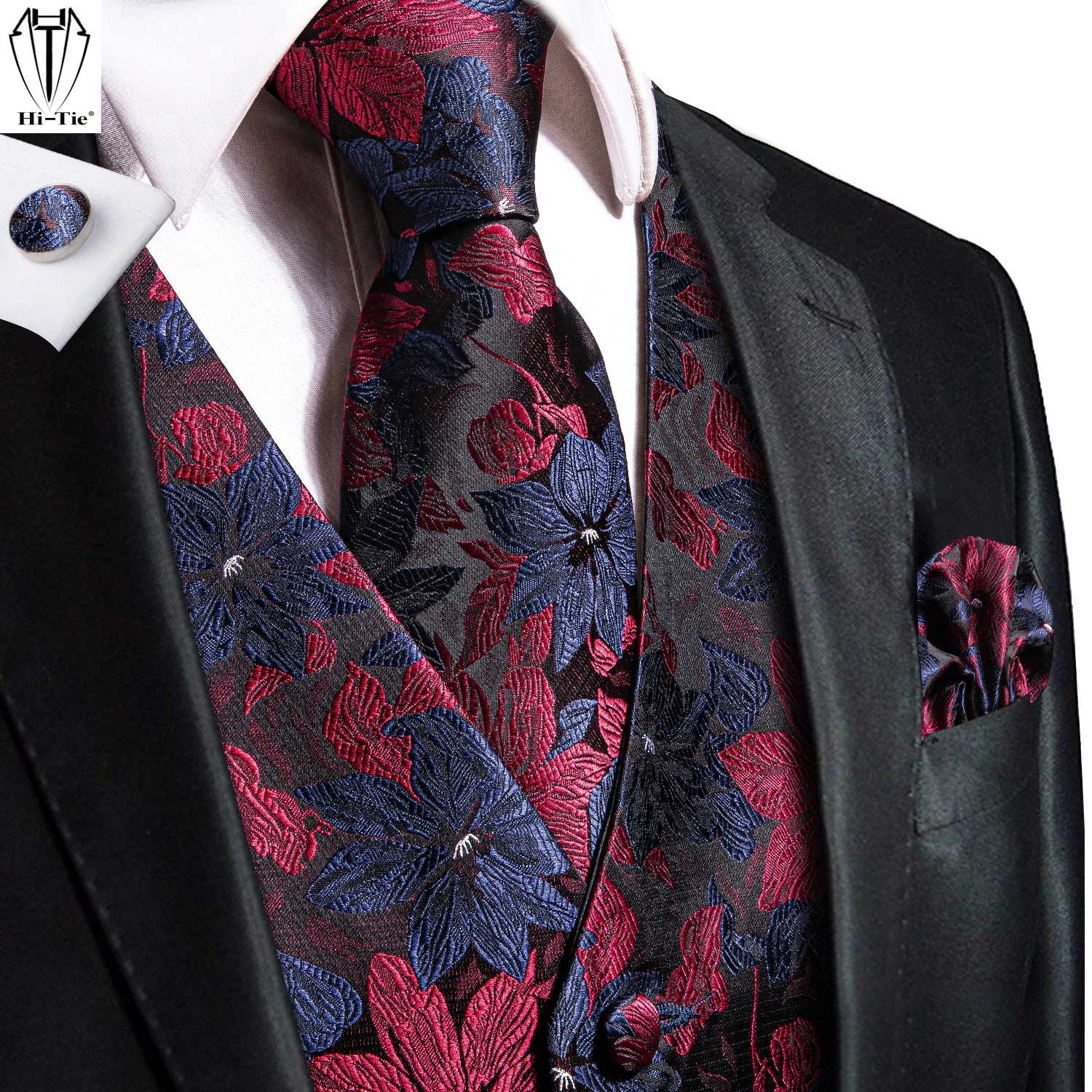 

Hi-Tie Jacquard Silk Red Blue Flower Mens Waistcoat Tie Set Sleeveless Jacket Necktie Hanky Cufflink Dress Vest Wedding Business