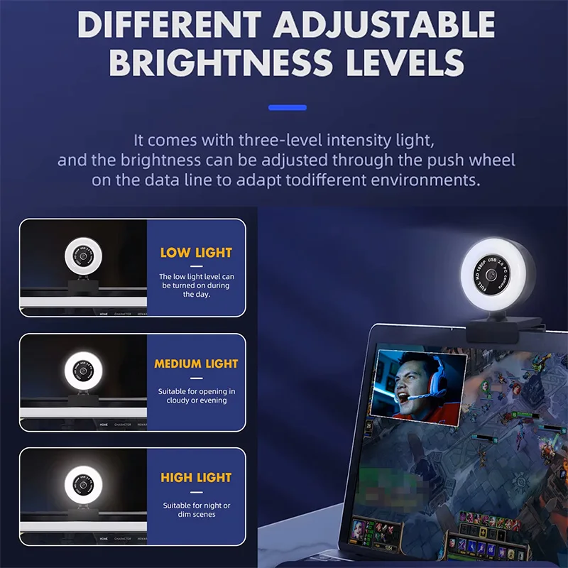 EXHQDR webcam A21 HD 1080P USB camera, fixed focus, plug and play, 3-level adjustable ring light, suitable for HD video anchors