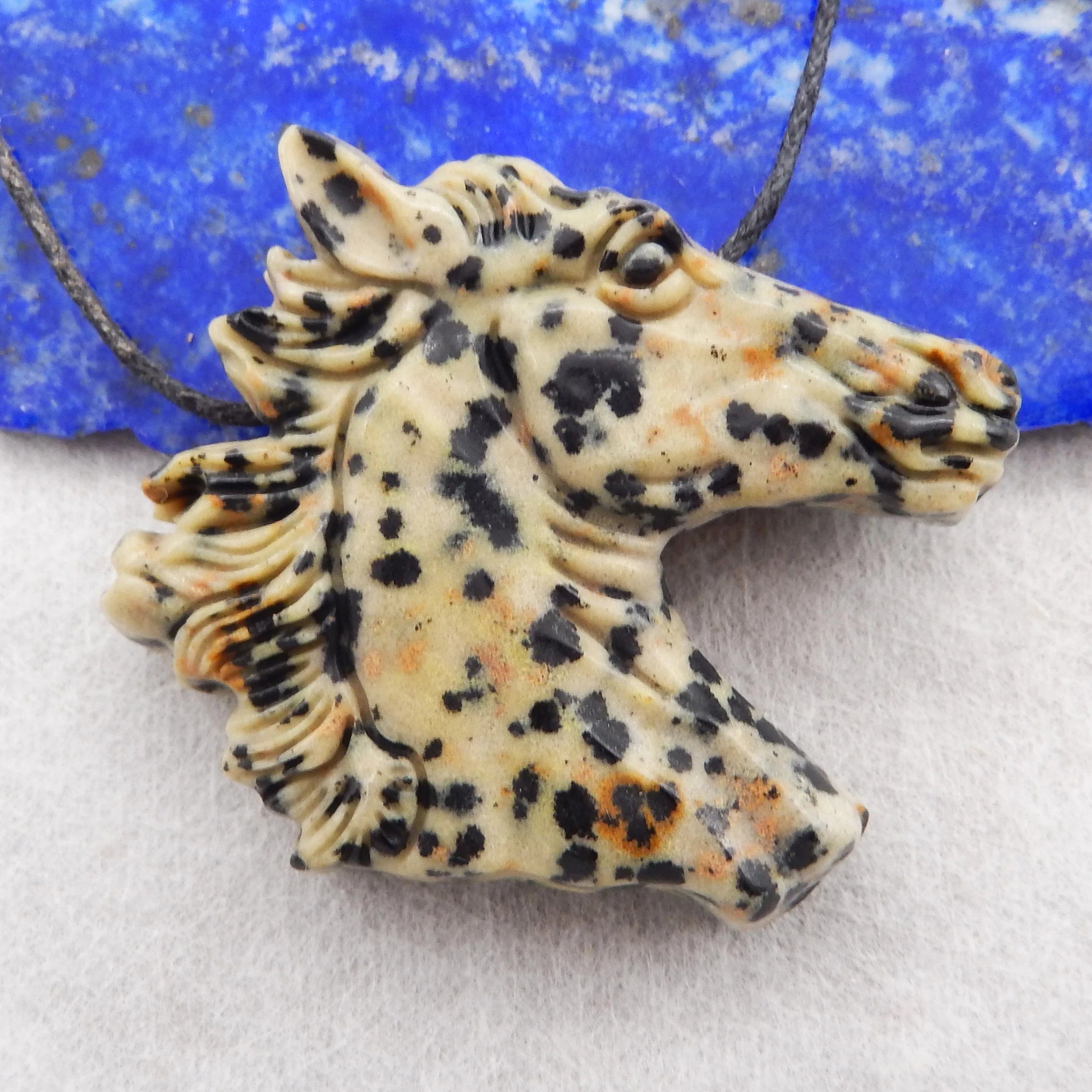 

New Natural Carved Horse head Dalmatian Jasper Drilled Pendant Bead,Semiprecious Stone Carving Pendant