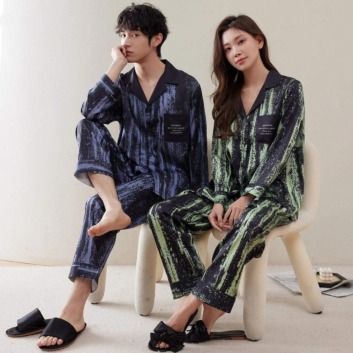 Tie-Dye Striped Printed Pyjama Couple Homewear Men House Suit Woman Pajamas Pijama Mujer Sleepwear