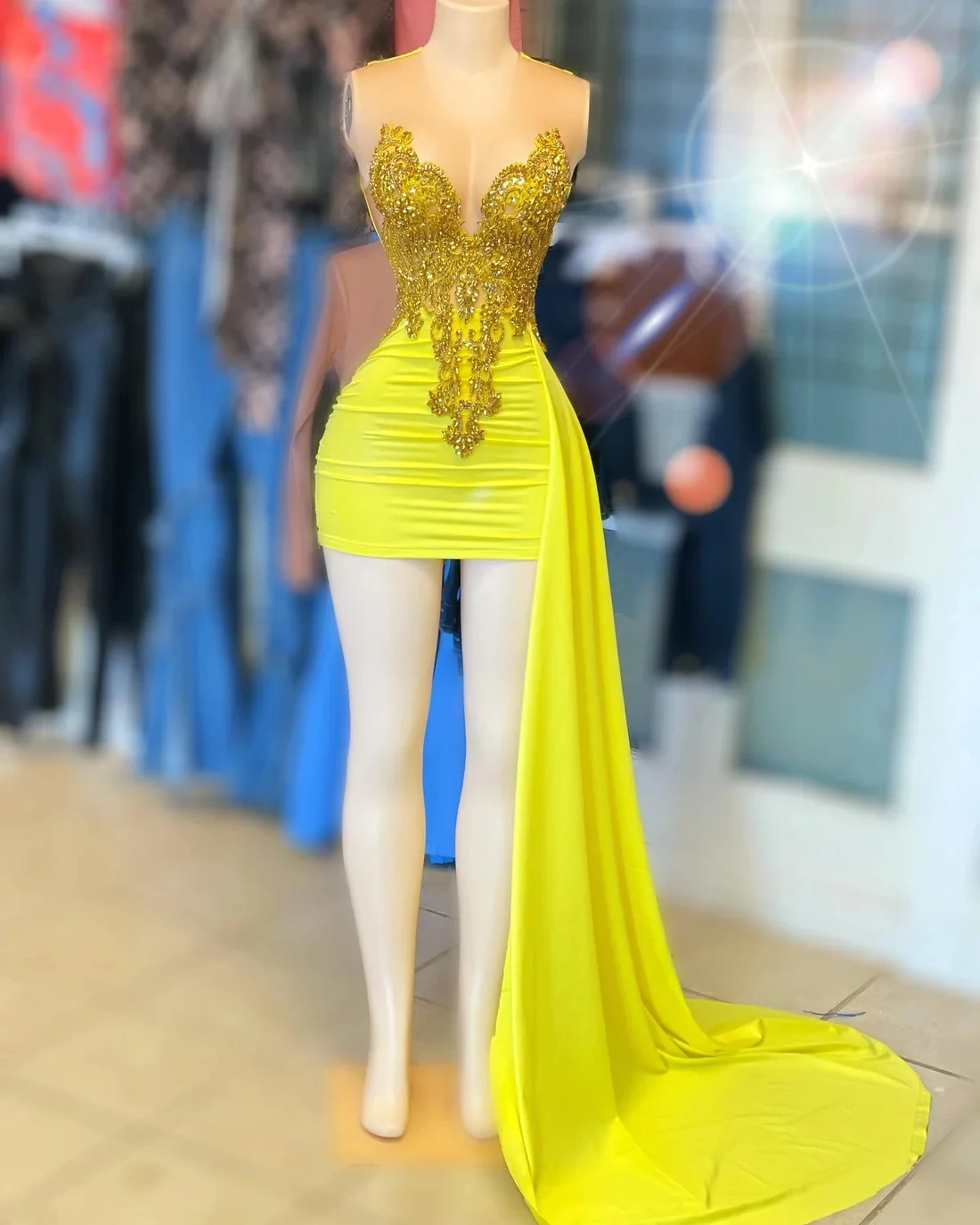 Sheer Yellow Diamond Short Prom Dresses Black Girls Sexy Birthday Party Dresses African Mini Cocktail Dresses Homecoming