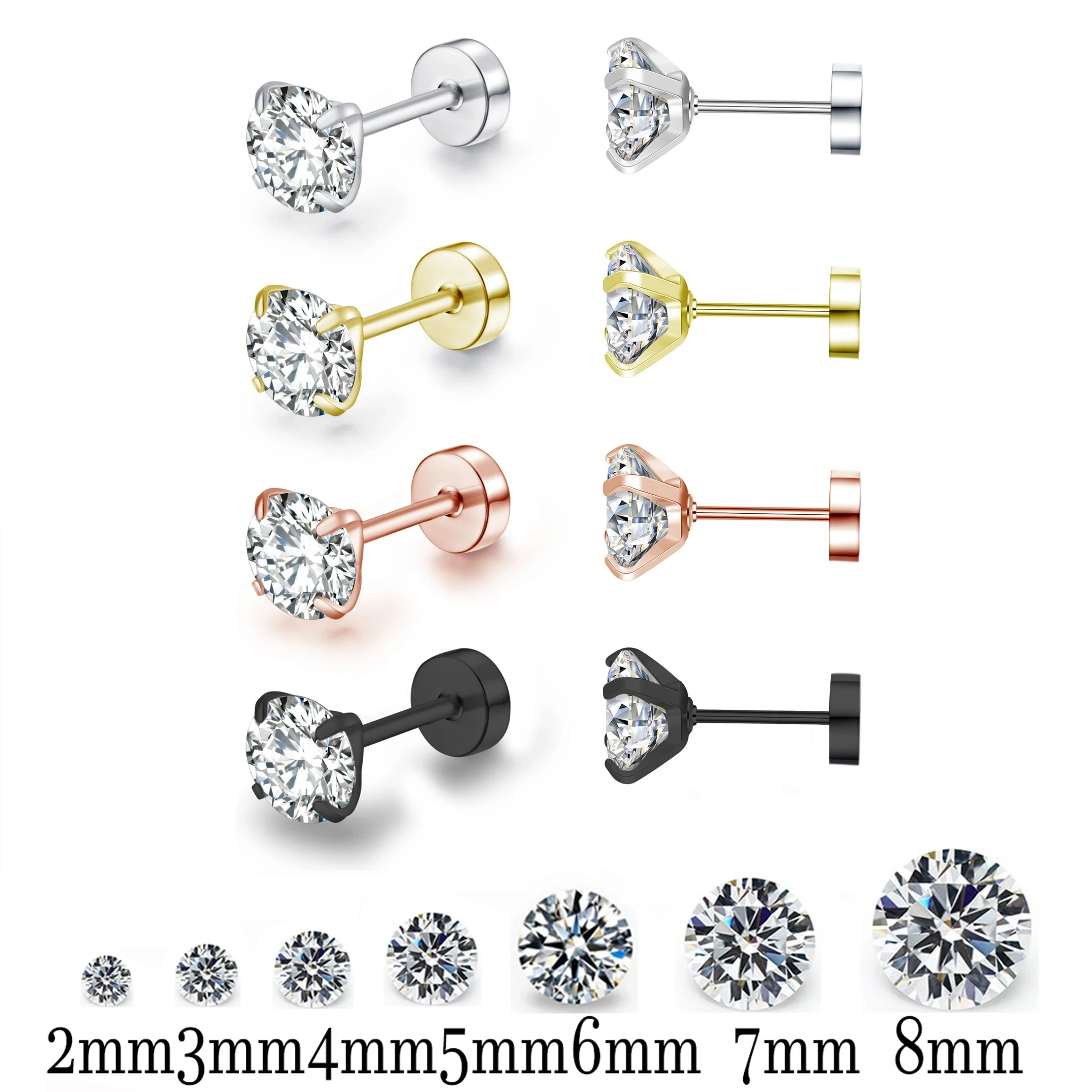 4 Color Top Stainless steel Unisex Women Men Round Crystal Zircon Ear Studs Earrings Piercings Fashion non-allergic Jewelry