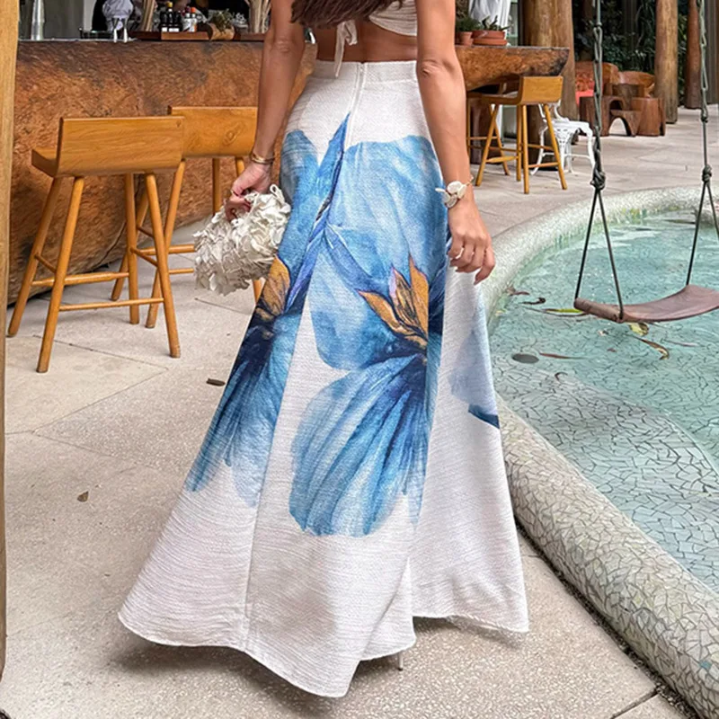 Jupe longue décontractée à imprimé floral pour femmes, mode taille haute, ligne a, grand ourlet, nouvelle jupe d'été de Style vacances en bord de mer