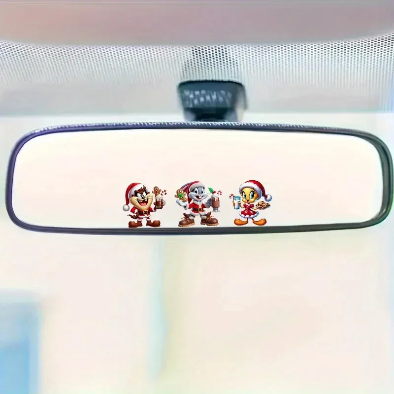 자동차 및 오토바이용 1개의 '축제 만화 삼중조' 스티커, 차량 내부 스타일링을 위한 크리스마스 산타 모자 그래픽 데칼