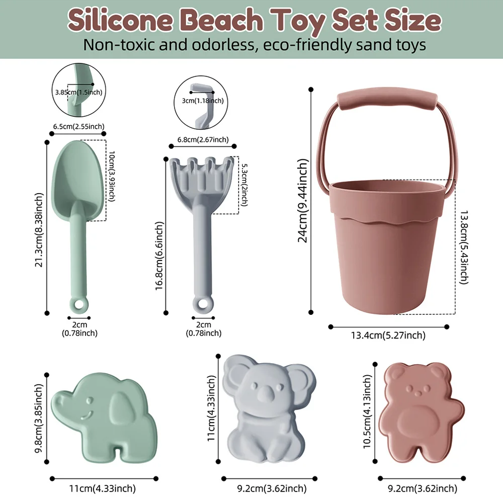 Food grade silicone non-toxic and environmentally friendly material beach bucket with shovel rake and cute pet toy accessories