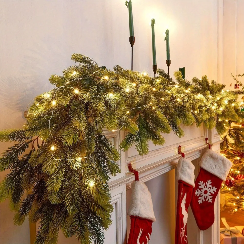 Weihnachtsgirlande aus künstlichem PE zum Aufhängen, Rattan, dekorative Zederngirlande mit LED-Lichtgirlande für Kaminsims, Kamin, Tischdecke – Detail 9