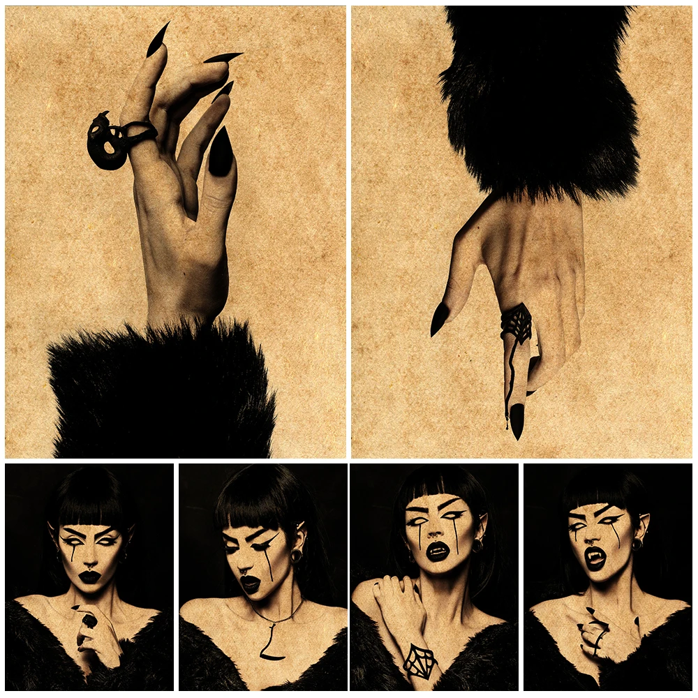 Portrait Of Vampire Witch Vintage Wall Art Canvas Painting Witch Hand Art Poster And Print Dark Witch Home Decoration Unframed