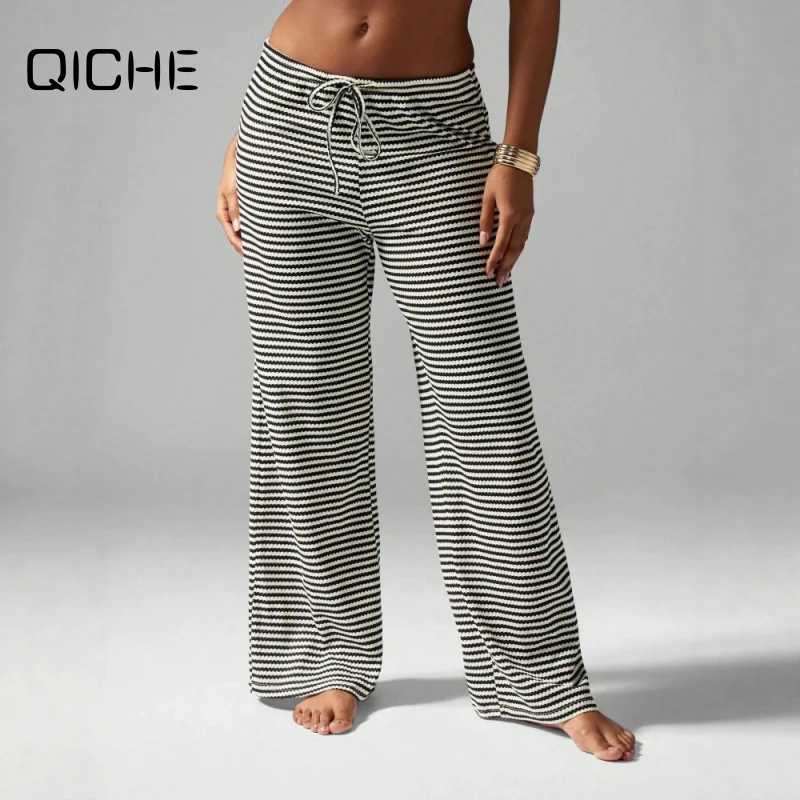 QICHE Women 2026 European‑Style Striped Drawstring Low‑Rise Wide‑Leg Pants Textured Draped Vacation‑Vibe Casual Trousers