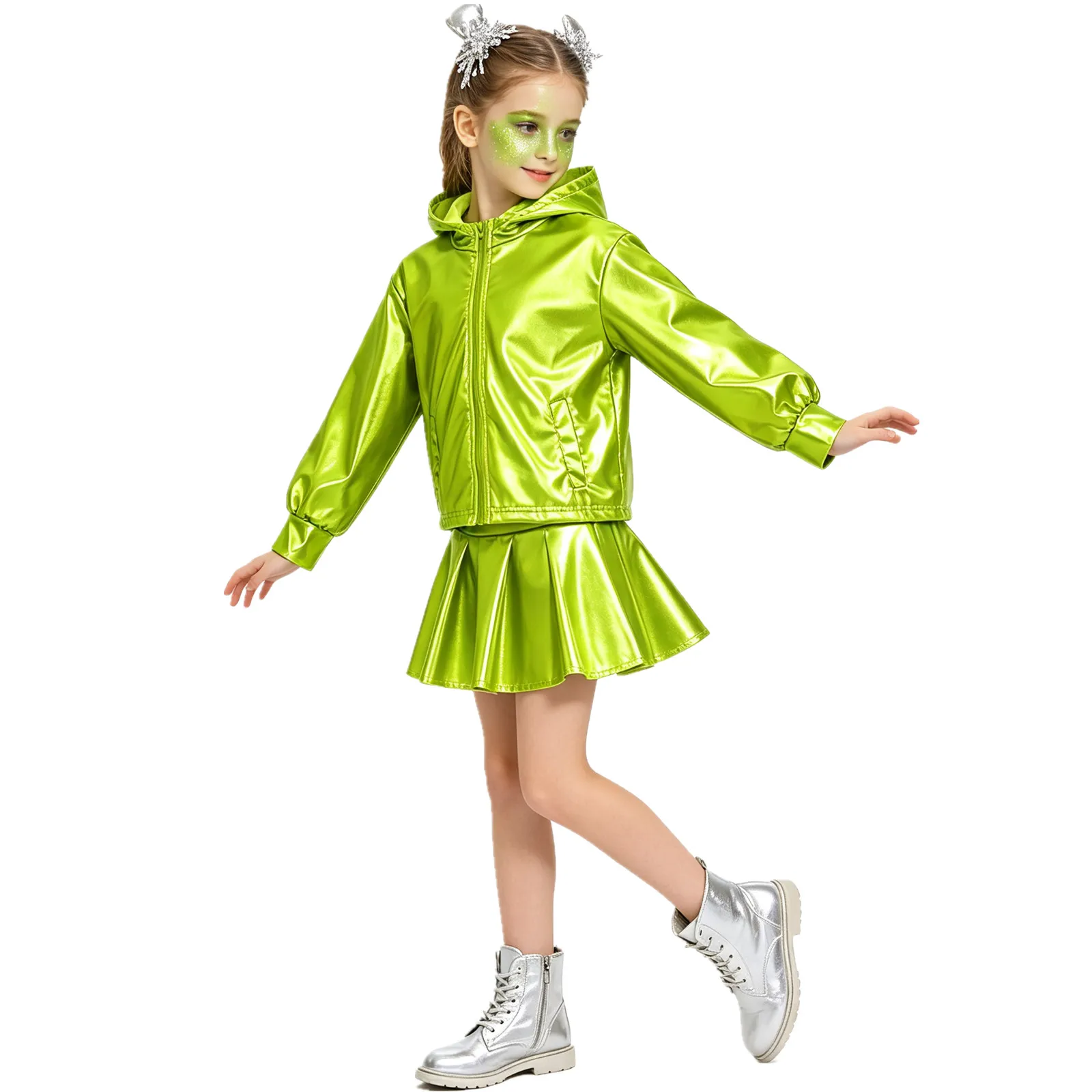 Children Boys Girls Halloween Space Theme Party Alien Robot Cosplay Costume Metallic Shiny Long Sleeve Zipper Hooded Jacket Coat