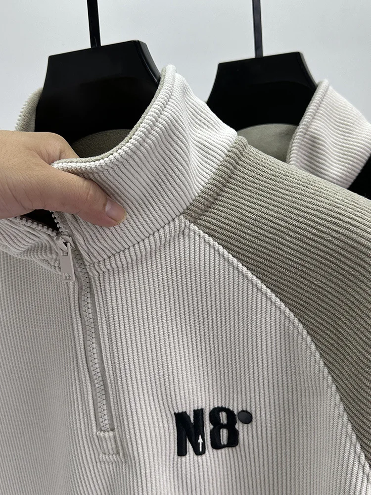 بلوفر رجالي عتيق مبطن بالصوف سميك دافئ بسحّاب بلوفر رجالي نصف ياقة عالية وأكمام طويلة مع قلنسوة ملابس الشارع الشهير