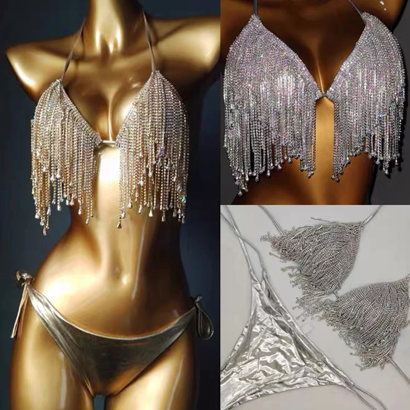 

New Gogo Swimsuit Woman Pole Dance Costume Rhinestone Tassel Bikini Sexy Nightclub Bar Wear Party Rave Outfit Stage Suit VDL205