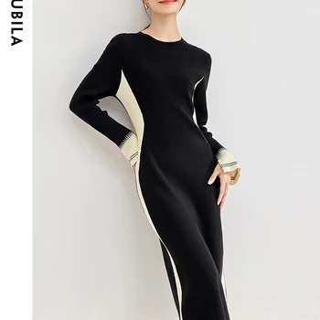 Sentubila 여성용 O넥 스플라이싱 니트 드레스, 우아한 긴팔, 레트로 슬림 대비 스웨터, 원피스 W33L52073, 용수철 가을  Best5