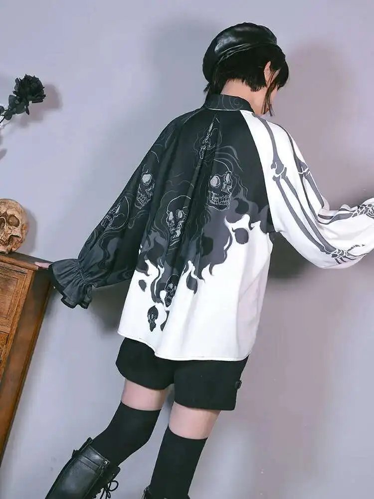 New Chinese Style National Style Han Elements Shirt Asymmetric Printing Lantern Sleeve Retro Punk Style Shirt