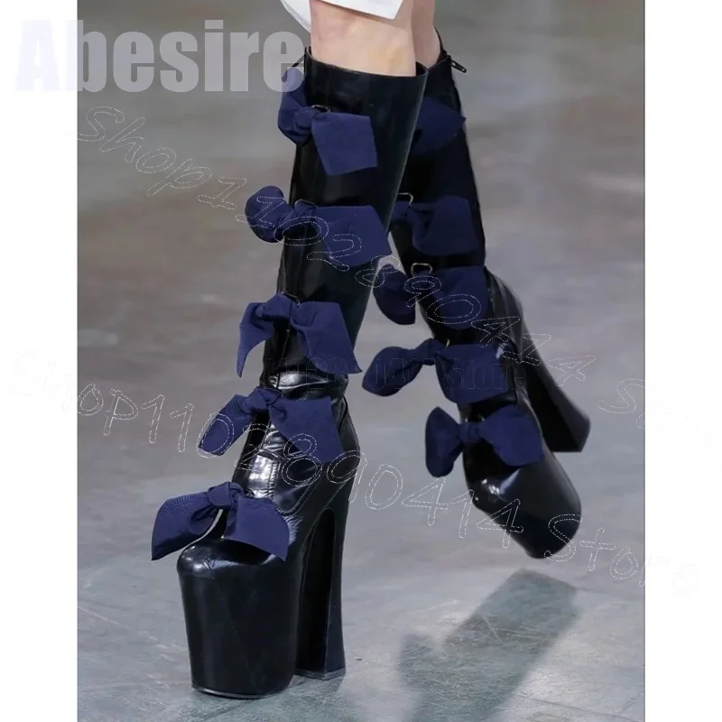 

Blue Bow Knot Black Round Toe Platform Boots Back Zipper Women Shoes Chunky High Heels New Party Runway 2025 Zapatos Para Mujere