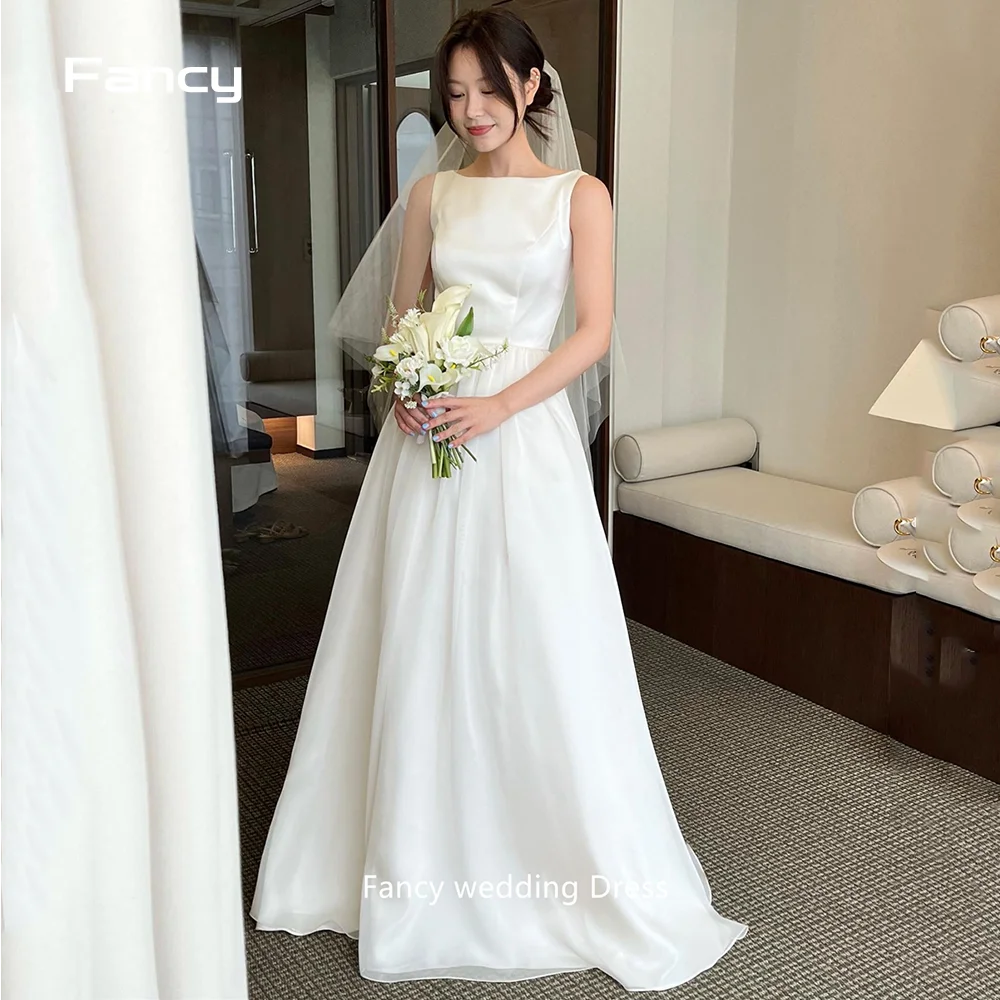 Fancy Korea O Neck Wedding Dress Photography Sleeveless Sweep Train Organza Bridal Gown Women Garden Robe De Mariage