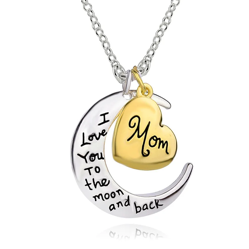 I Love You Mom Necklace Mom Keychain Family Relations Jewelry Moon Heart Pendant Necklace for Christmas Gifts Necklace for Women