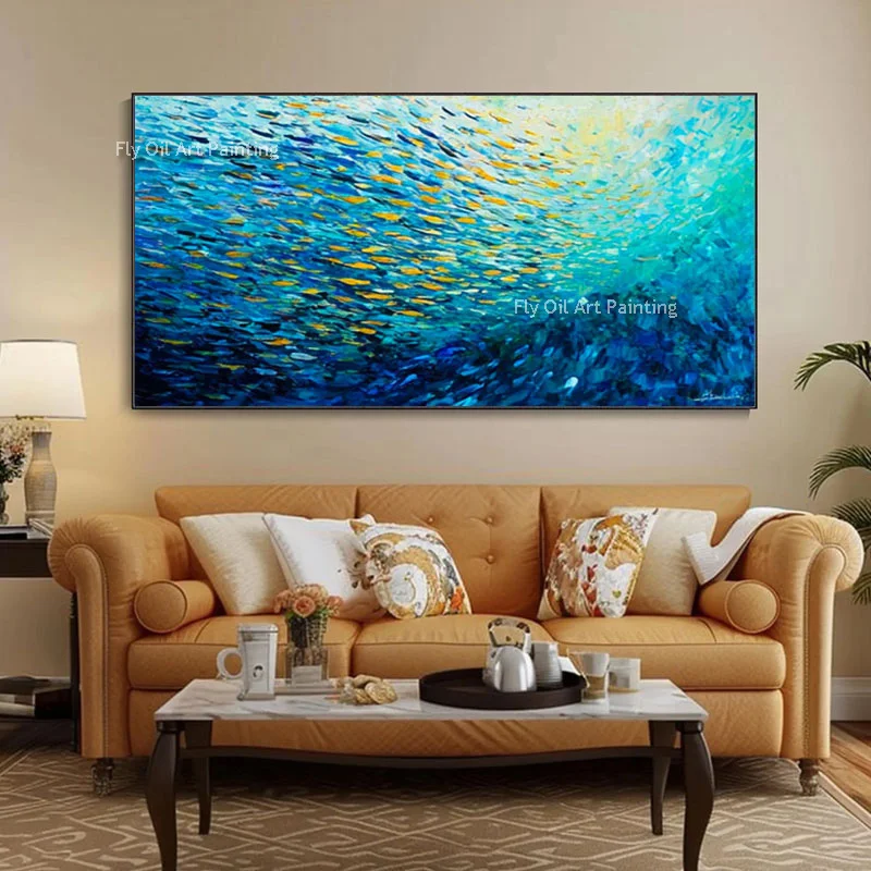 100% Hand‑Painted Impasto Sea Fish Oil Painting, Heavy Textured Canvas Art, Vibrant Blue Underwater Contemporary Wall Decor