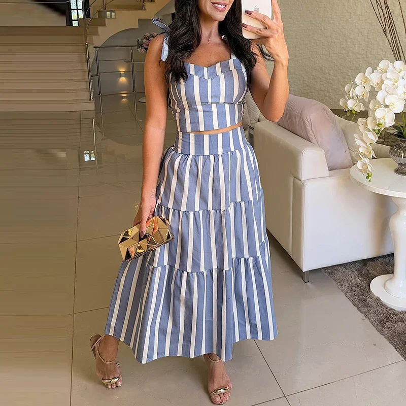 LIBIELIY Fashion Commuting Pleated Women Suits Sexy Off Shoulder Bow Tie-up Sling Top & Long Skirt Set ELegant Striped Print 2P