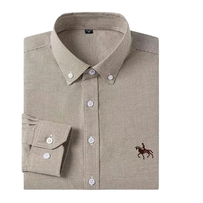 2025 Men's Long Sleeve Dress Shirt Men Pure Cotton Oxford  Embroidered Horse Casual Without Pocket Solid Shirt Plus Size