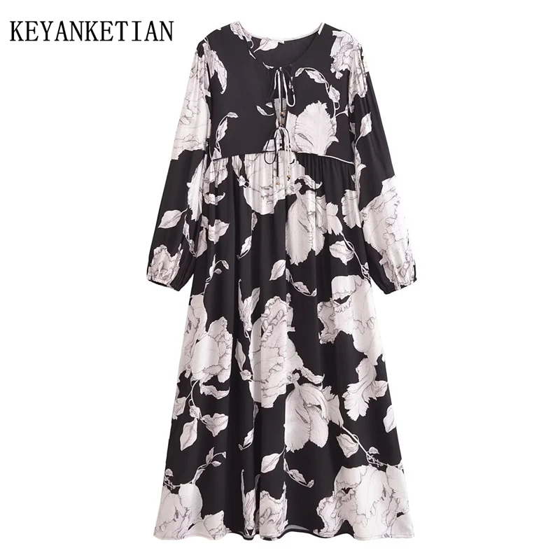 KEYANKETIAN 2025 Autumn New Women's Matching Position Print Viscose MIDI Dresses Holiday wind Lace Up O-Neck Loose Long Dress