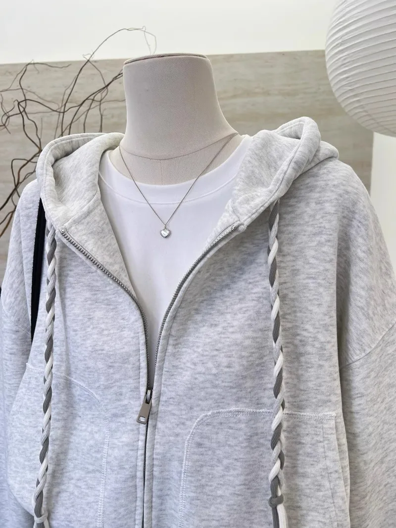 Braided Drawstring Cropped Zip Up Women's Hoodies Solid Color Long Sleeve Sweatshirt Spring Autumn Casual Jacket with Pockets