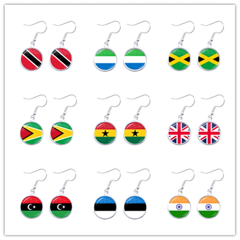 Trinidad, Sierra leone, Jamaica, Guyana, Ghana, Reino Unido, Libya, Estônia, Índia Bandeira Nacional Cabochão de Vidro Brincos Joias para Mulheres