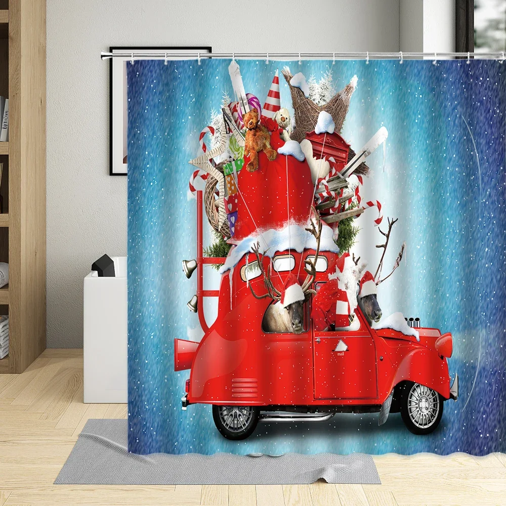 Merry Christmas Curtains Winter Shower Curtain Travel Theme Snow Scene Luggage Items Holiday Photos  Blue  Car Set With Hooks