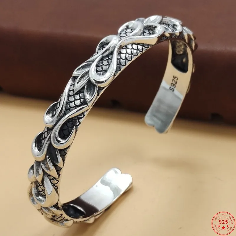 

S925 Sterling Silver Bracelets for Women Men New Fashion Chinese Dragon-scale Totem Eternal Vine Bangle Argentum Jewelry