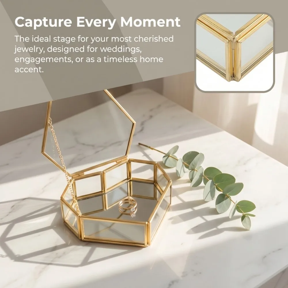 

Elegant Glass Jewelry Box Geometric With Lid Ring Box Heart Shaped Clear Display Case Home